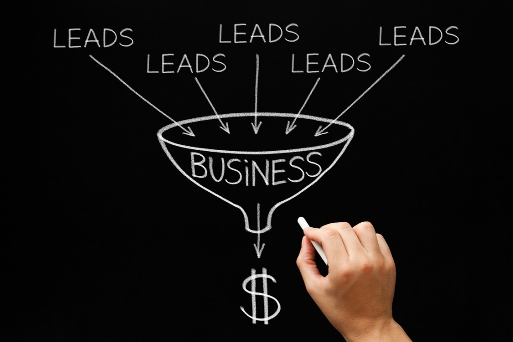 Hand drawing Lead Generation Business Funnel concept with white chalk on blackboard.